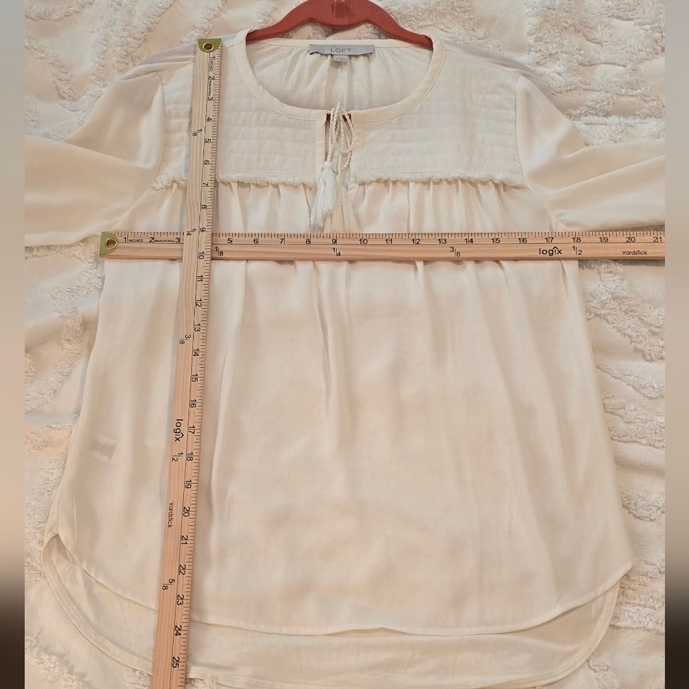 LOFT Tie Front Peasant Top With Fringe Detail, 3/4 Length Sleeves, Size S (1205) - Picture 8 of 9